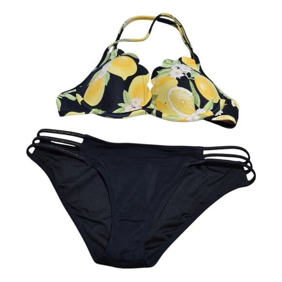 Shade & Shore Lemon Top Black Bottom Bikini 32B Top Small Bottoms - Picture 1 of 7
